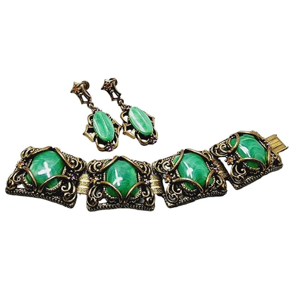 Vintage Marbleized Acrylic Large Panel Bracelet & Earrings Set (A1435)